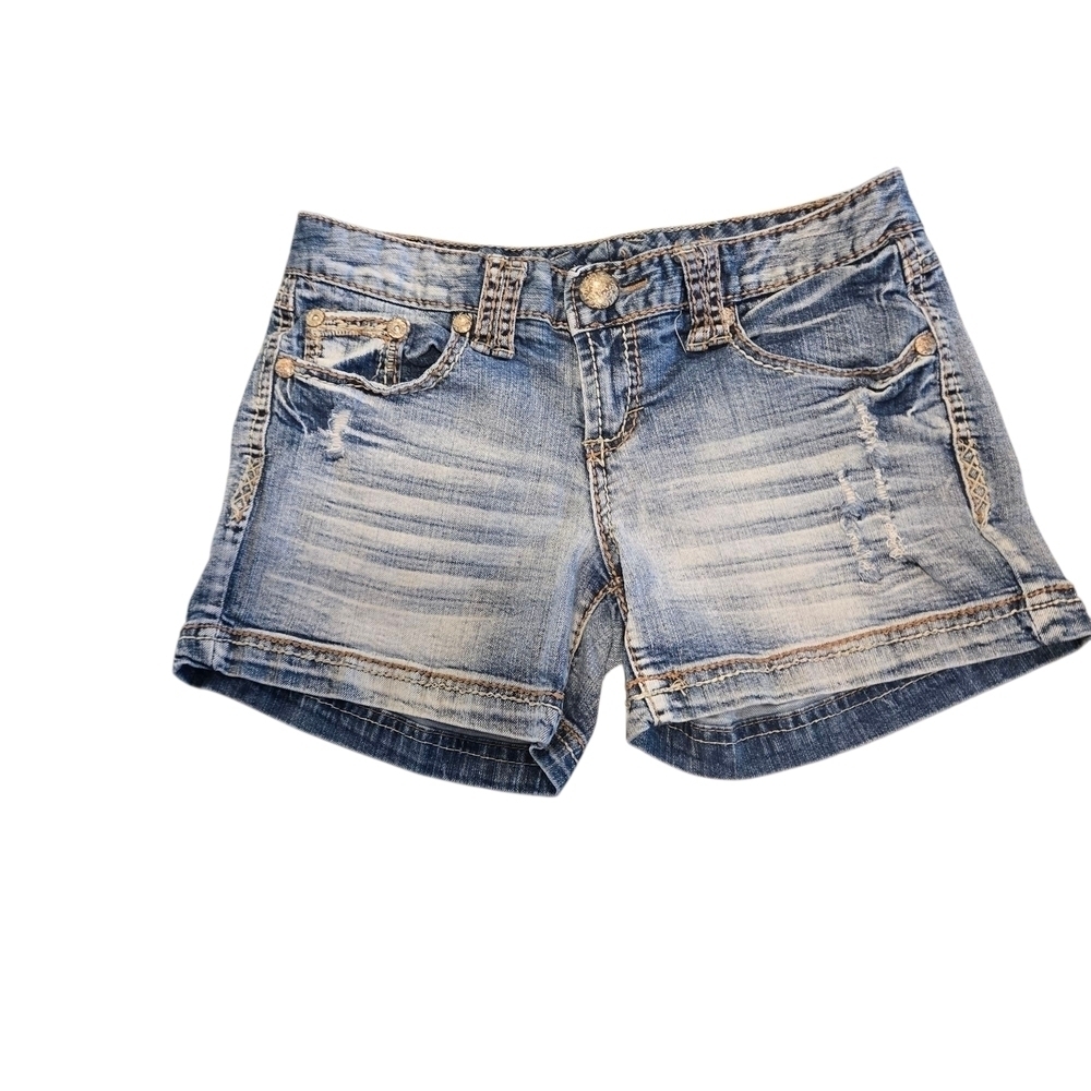 Maurices Distressed Blue Denim Shorts Juniors 3/4 Button Zip Cotton Stretch